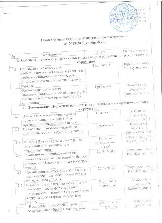 План по противодействию коррупции на 2019-2020 учебный год