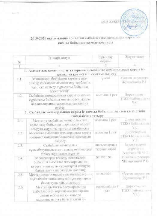2019-2020 оқу жылына арналған сыбайлас жемқорлыққа қарсы іс-қимыл бойынша жұмыс жоспары