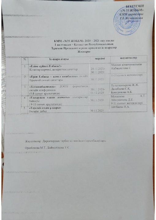 1 - желтоқсан ҚР Тұңғыш Президенті күніне арналған іс-шаралар жоспары