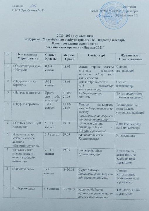 "Наурыз-2021" мейрамын өткізуге арналған іс-шаралар жоспары