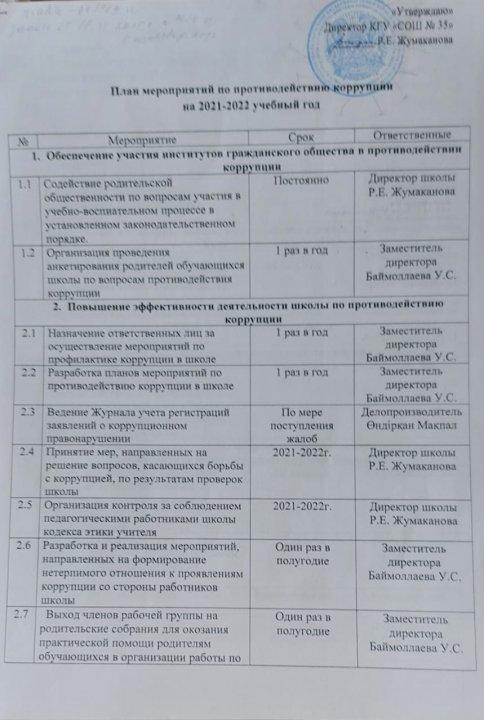 План мероприятий по противодействию коррупции на 2021-2022 год