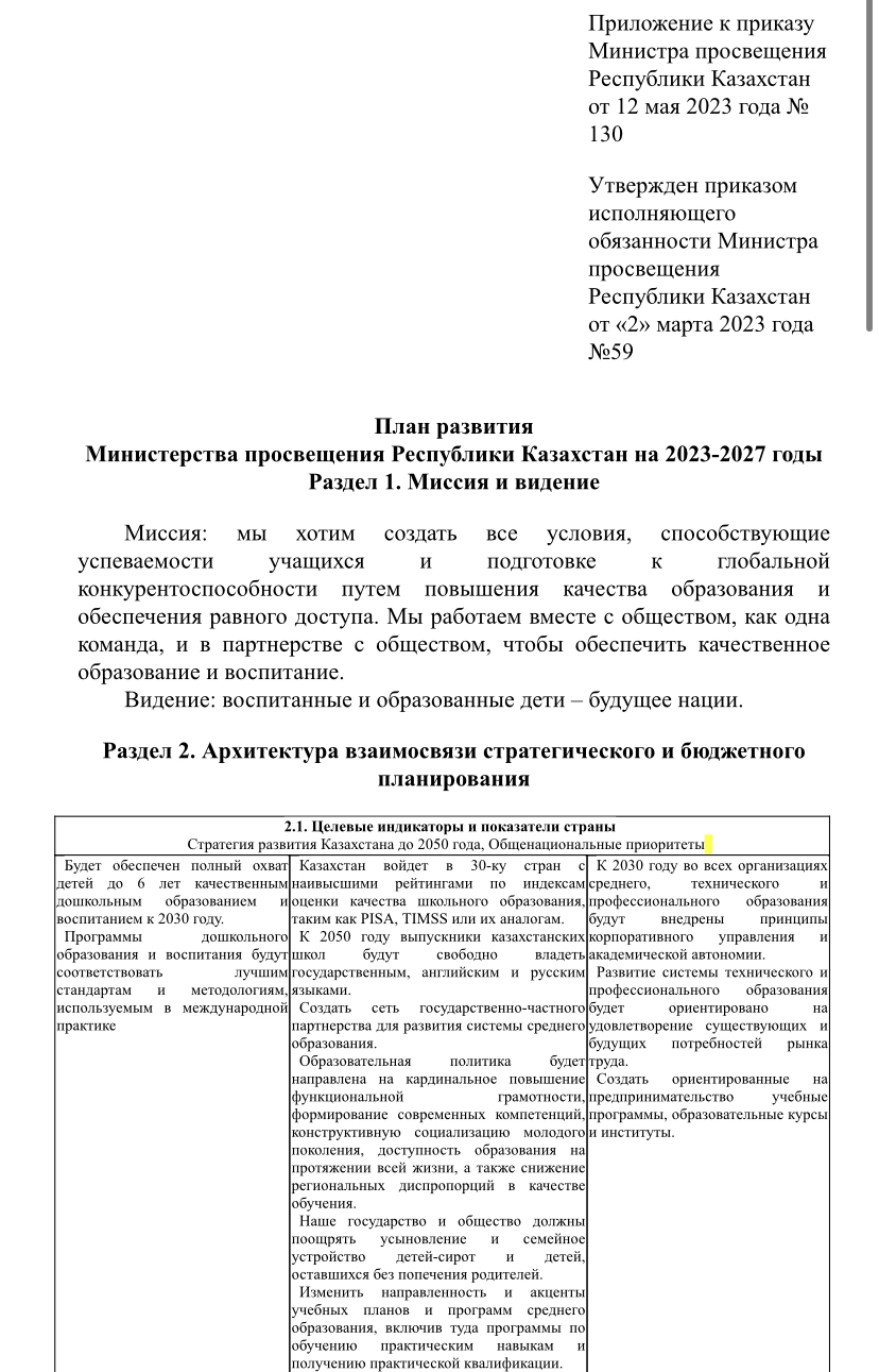 План развития Министерства просвещения Республики Казахстан на 2023-2027 годы