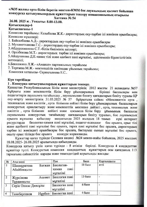 "№35 жалпы орта білім беретін мектеп" КММ бос лауазымдық қызмет бойынша конкурсқа қатысушылардың құжаттарын тексеру комиссиясының отырысы Хаттама № 54