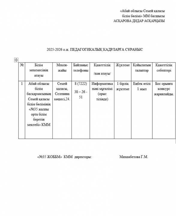 «№35 жалпы орта білім беретін мектебі» КММ информатика мұғалімі (оқыту орыс тілінде)