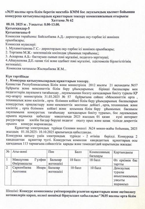 «№35 жалпы орта білім беретін мектебі» КММ бос лауазымдық қызмет бойынша конкурсқа қатысушылардың құжаттарын тексеру комиссиясының отырысы