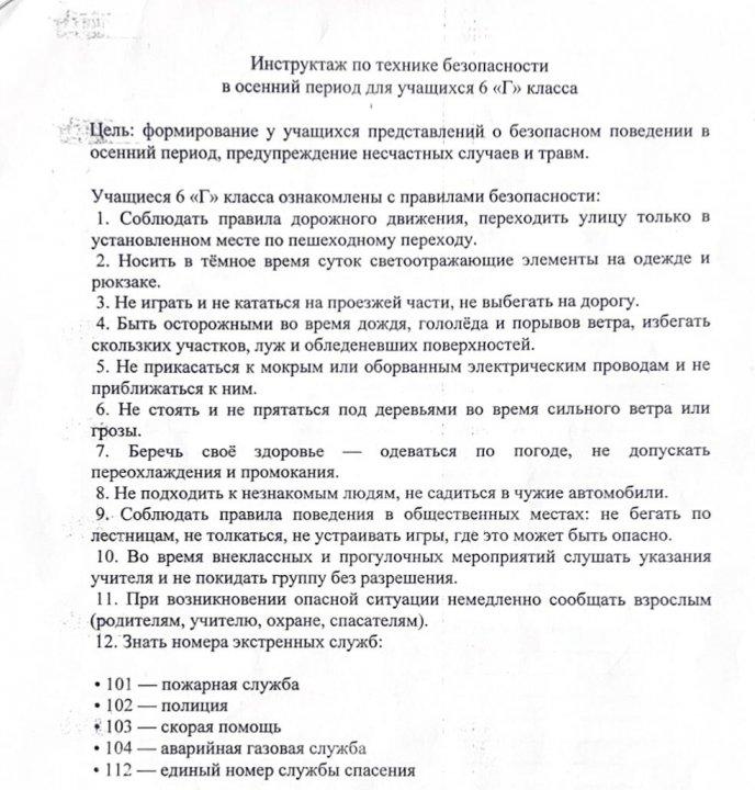 Инструктаж по технике безопасности в осенний период для учащихся 6 «Г» класса