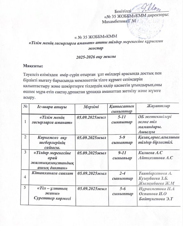 «№35 ЖОББМ» КММ «Тілім менің ғасырларға аманат» атты тілдер мерекесіне құрылған жоспар