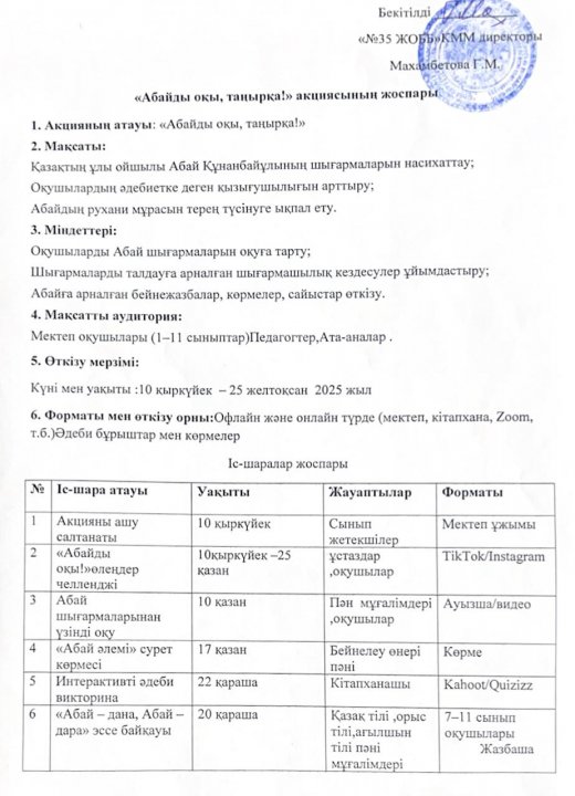 «Абайды оқу, таңырқа!»  акциясының жоспары