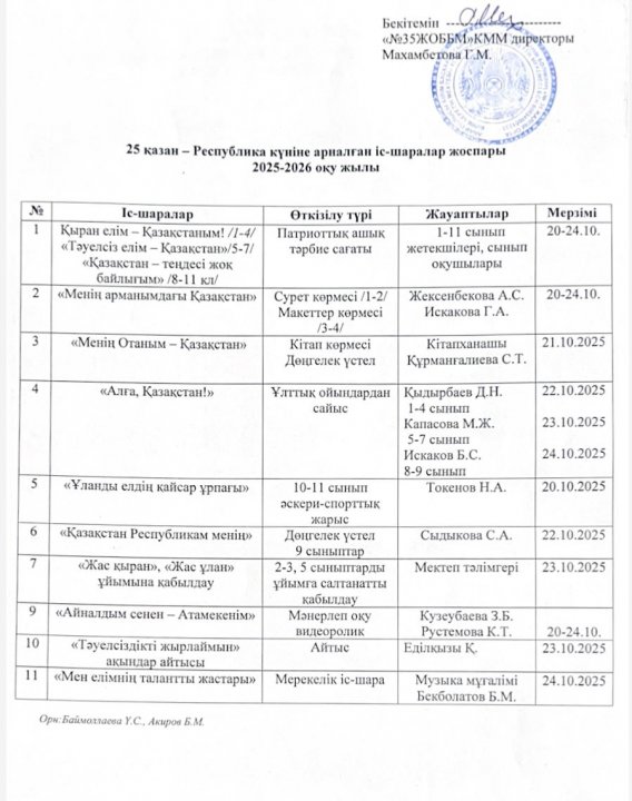 25 қазан - Республика күніне арналған іс-шаралар жоспары 2025-2026 оқу жылы