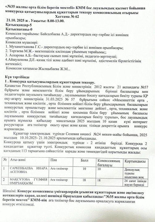 «№35 жалпы орта білім беретін мектебі» КММ бос лауазымдық қызмет бойынша конкурсқа қатысушылардың құжаттарын тексеру комиссиясының отырысы